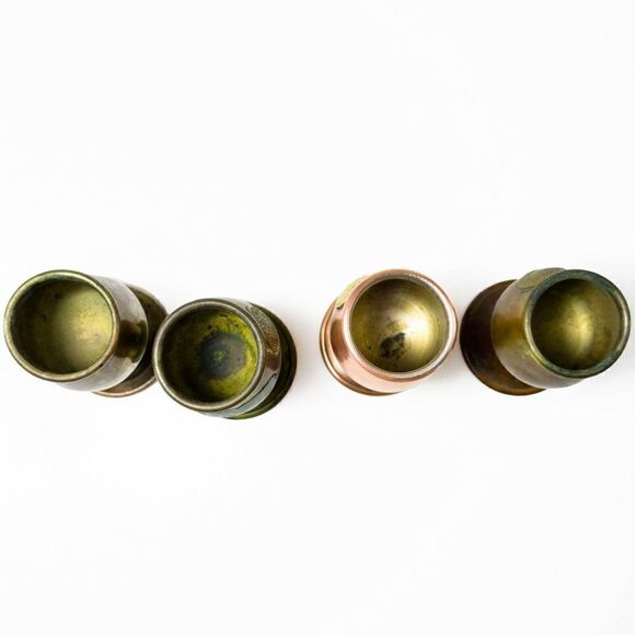 VINTAGE COPPER SET 4/6 CORDIAL SHOT GLASSES GOBLET TRAY MAYAN AZTEC CALENDAR - Picture 8 of 12